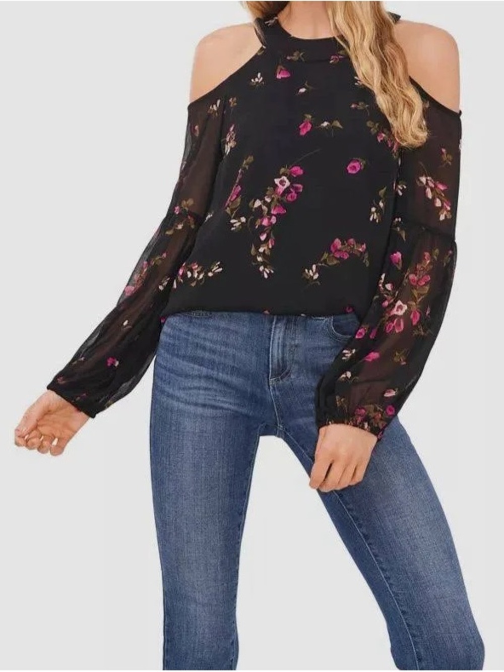 CeCe Women's Black Floral Cold Shoulder Blouse